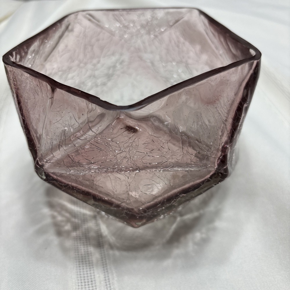Anthropologie Style‎  Hand Blown Geometric Art Glass Crackle Vase Amethyst Pink